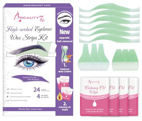Beauty7 Eyebrow Waxing Strips, Form High-arched Eyebrow Strips Pre-cut for Face, 24 Eyebrow Strips with 4 Cleaner Oil Wipes, Cold Wax Strips Facial Hair Removal