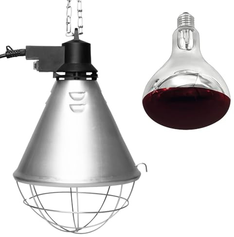 NCC-Licht Aufzuchtleuchte mit Schutzkorb und IR-Lampe BR125 150W Rot | Infrarot-Wärmelampe mit Schutzkorb und 2,5m Kabel mit Sparschalter, Ideal zur Aufzucht von Hühner, Ferkel und andere Tiere
