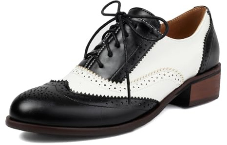 SHEMEE Women's Chunky Low Heels Oxfords Saddle Shoes Creeper Vintage Wingtip Brogues Perforated Flats Lace Up Pumps Two Tone Black White,US 8.5