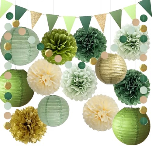 Party Deko Grün Salbeigrün Olivgrün Gold Seidenpapier Pom Poms Papierlaterne Deko Papier Girlande für Grün Gold Babyparty Geburtstag Hochzeit Bride to Be Deko