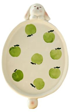 Cute Little Rabbit Ceramic Dinner Plate Cartoon Dish Home Exquisite Tableware Fruit Salad Bowl Set Breakfast Dessert Vegetable Pasta Snack (Green Apple,Large)