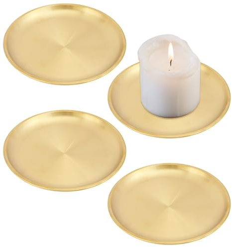 GLOBLELAND 4 Pcs 5.6 Inch Flat Round Metal Candle Holder Plate Golden Stainless Steel Jewelry Plates Gold Candle Holders Decor for Coffee Table Countertop Home Decorations