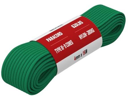 Brotree Paracord 4mm 15M 100% Nylonrep 9 Trådar Sladd Typ III Nylonsnöre för Utomhus, Camping, Hundkoppel, DIY, Armband - 280kg Brottlast (Kellygrön)