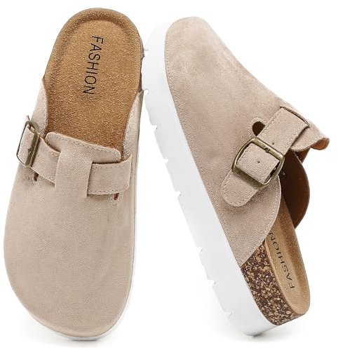Plateau Clogs Donna con Regolabile, Pantofole con Zeppa in Pelle e Plantare in Sughero Morbido, Sandali in Pelle Scamosciata Punta Chiusa, Pantofole Suola Spessa