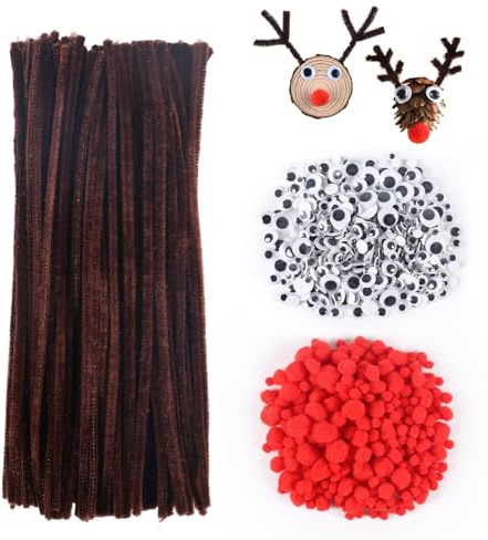 FALSKT 830 Stück Pfeifenputzer zum Basteln Set, 150 PCS Pfeifenreiniger Braun Chenilledraht 360 PCS Wackelaugen Selbstklebend, 320 PCS Rot Pompons für Kinder DIY Rentier Weihnachtsdekorationen