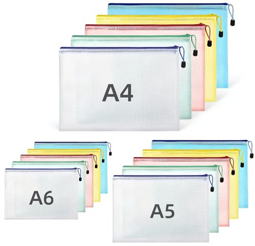 15 Stück Dokumententasche A4 A5 A6 mit Reißverschluss aus Transparente PVC – wasserabweisende Organizer für Schule, Büro, Reise, Unterlagen und Quittungen in 5 Farben - silttble