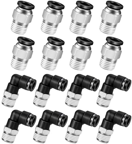 HAXIHA 16 stycken vinklar och rak kombination, 6 mm rör till 1/4 tum NPT yttre gänga pluggskruvar, raka och 90 graders vinkel, PC-1/4-N2+PL-1/4-N2 pneumatiska snabbkopplingar