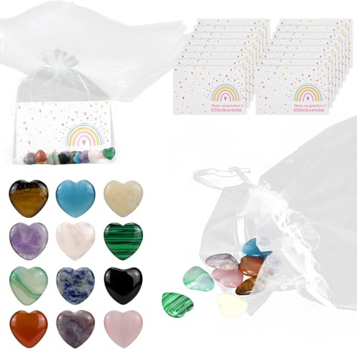 Smlper 12 Glückssteine ​​für Kinder, Mitbringsel zum Kindergeburtstag, inkl. Edelsteine, Garnbeutel, Grußkarte, Kindergarten, Schuleintritt, Taufe, Kommunion, Hochzeit oder Feiertagsgeschenk (B)