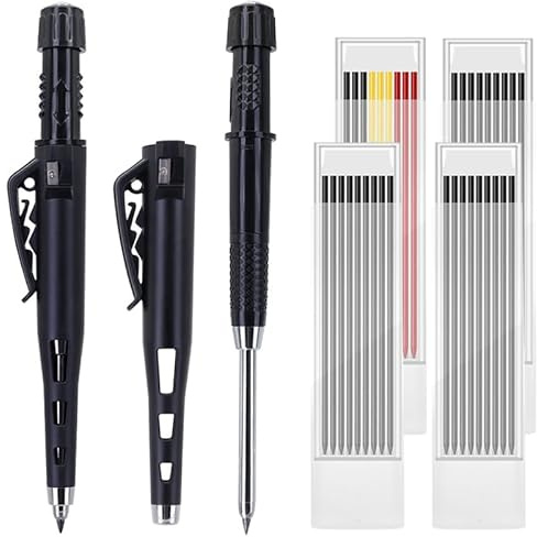 JOMPENS Lot de crayons de charpentier à pointe longue de 55 mm – 2 crayons de marquage à trou profond avec 4 boîtes, 36 mines de recharge, taille-crayon intégré et capuchon de protection, fonctionne