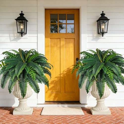 Der Rose 2 Pack 45/60 Leaves Large Fake Ferns, UV Resistant Outdoor Artificial Plants Faux Boston Ferns Fake Bushes for Outdoor Planters, Porch Patio Garden Hanging Basket Home Decor