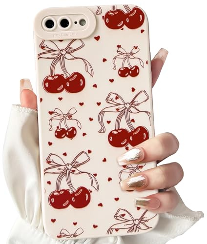 NITITOP Compatible with iPhone 7 Plus / 8 Plus Case Cute Bowknot Cherry Pattern Little Heart for Women Girl Soft TPU Shockproof Protective Phone Cover Girly - White
