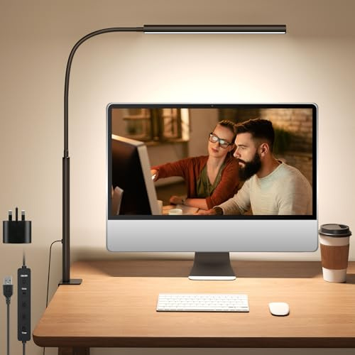 LED Desk Lamp with Clamp, Extra Tall Desk Light for Home Office, Dimmable Clip on Light with Adjustable Gooseneck for Reading & Nail, 5 Colours, 10 Brightness, Auto-Off Timer, Memory, Adapter Included