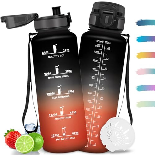 Mulbijeo Trinkflasche 1 5 Liter, Auslaufsicher, Wasserflasche mit Filter, Wiederverwendung, Wasserflasche, mit Zeitmarkierung, Trinkflasche Kohlensäure Geeignet für Outdoor, Radfahren, Fitness
