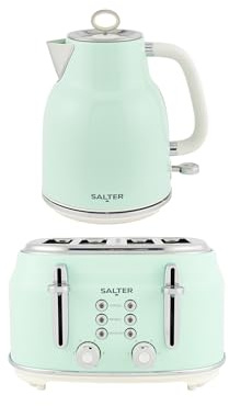 Salter Retro Kettle & 4-Slice Toaster Set - Wide Slots, 3KW Rapid Boil, 6 Browning Levels, 360° Base, Removable Limescale Filter, Defrost, Reheat & Cancel, High-Lift Eject, Removable Crumb Tray, Green | Wide Slots, 6 Browning Levels, Defrost Reheat Cancel, High Lift Eject, 360 Degree Base, Removable Crumb Tray, Filter