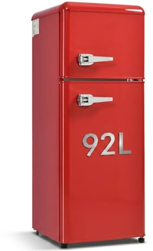 Lahoomu Retro-Kühlschrank, Kühl-Gefrier-Kombination, 92 Liter (mit 28 Liter Gefriervolumen), 116 kWh/Jahr, 105.5 cm hoch, Zweitürig, -27°C ~13°C, LED-Licht, Rot