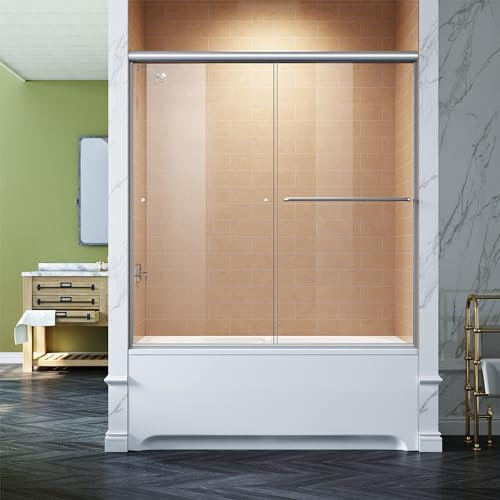 SUNNY SHOWER Bathtub Shower Door 60 W x 62 H Semi-Frameless Double Sliding Design Glass Shower Tub Door, Brushed Nickel Finish