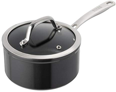 KUHN RIKON Easy Pro Stielkasserolle beschichtet mit Glasdeckel, Aluminium, Induktion, 18 cm/2,3 Liter, Schwarz