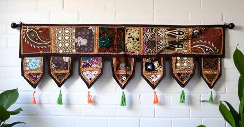 INDIAN CRAFT CASTLE Baumwolle Vintage Patchwork Türbehang Volant Fenster handbestickt Toran Bohemian Decor Wohnzimmer Wand Zuhause handgefertigt Thoranam Bandanwar Dekorationen (braun, 1 Meter)