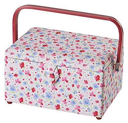 Medium Sewing Box in a Pink and Blue Floral Fabric | 26 x 18 x 15cm, Storage and Organiser Basket with Compartments for Sewing Supplies, Accessories, Thread, Needles and Scissors