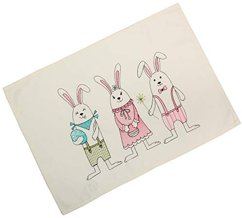 Quinnyshop 35 x 50 cm Tischläufer Tischdeckchen DREI OsterHasen Stickerei, Leinen-Optik Ecru