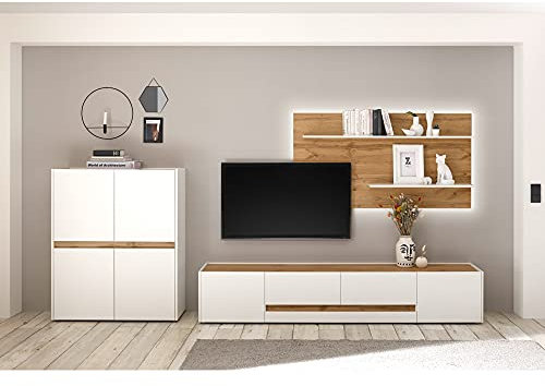 Lomadox Wohnzimmer Kombination mit beleuchtetem Wandpaneel in weiß mit Absetzungen in Wotan Eiche Nb., B/H/T: ca. 360/180/45 cm