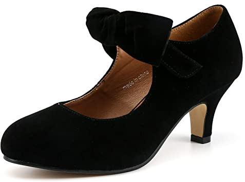 LIURUIJIA Women's Bow Heels Mary Jane Kitten Heel Pumps Round Toe Low Heels Ankle Strap Wedding Evening Party Dress Shoes Black Size 8.5