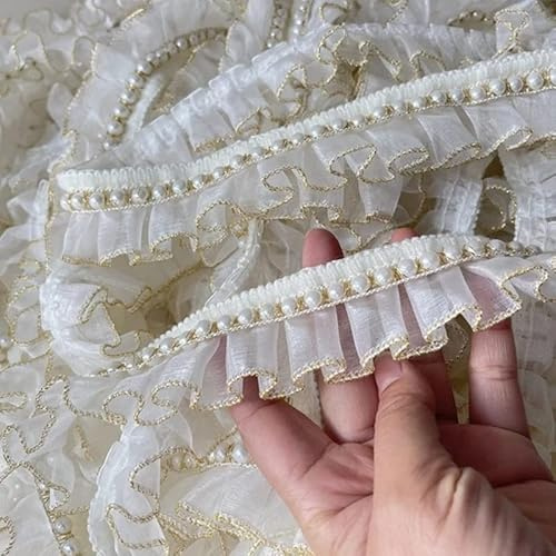 Yulakes 2,7 m Organza-Tüll-Stoff, Rüschen, Perlen, Fransen, Perlen, Chiffon, besticktes Spitzenband, Handarbeit, Rüschen, Spitzenbesatz, goldene Kanten, Kleidung, DIY-Handwerk, 4 cm breit