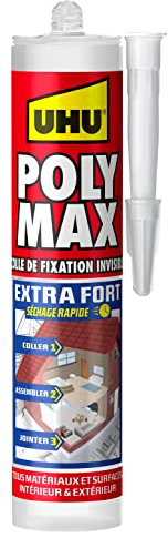UHU Poly Max extra fort invisible- Mastic/colle de fixation MSP pour coller, assembler et jointer, toutes surfaces, séchage rapide, sans solvants, transparent, cartouche 300 g