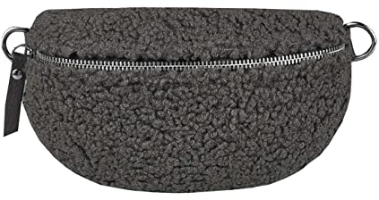 Made in Italy Damen Leder Gürteltasche Crossbody Teddyfell Bauchtasche Hüfttasche Kunstfell Umhängetasche Brusttasche Crossover Bodybag Schultertasche Handytasche Teddy Pelz Fell Plüsch Dunkelgrau