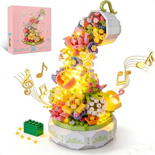 QLT QIAOLETONG Plantes, fleurs, amis, jouets de construction, boîte rotative, fleurs, avec lumière LED, briques de construction, cadeau pour adultes, décoration de fête des mères (575 pièces)