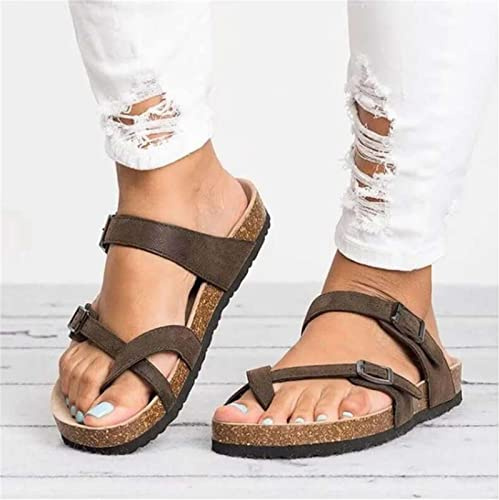 Damer sandaler- Ortopediska kork-sandaler för kvinnor Dammode Tofflor med delad tå i PU-läder Peep Toe Flip Flops Flickor Platta sandaler med klipptå Casual strandskor (Color : Brown, Size : 38 EU)