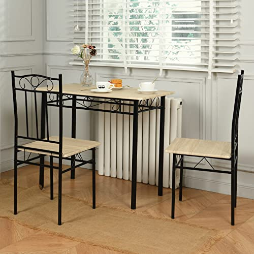 DORAFAIR Esszimmer-Set mit Esstisch und 2 Stühlen aus Buchenholzmaserung, Schwarze Metallbeine, für Esszimmer, Küche, Wohnzimmer