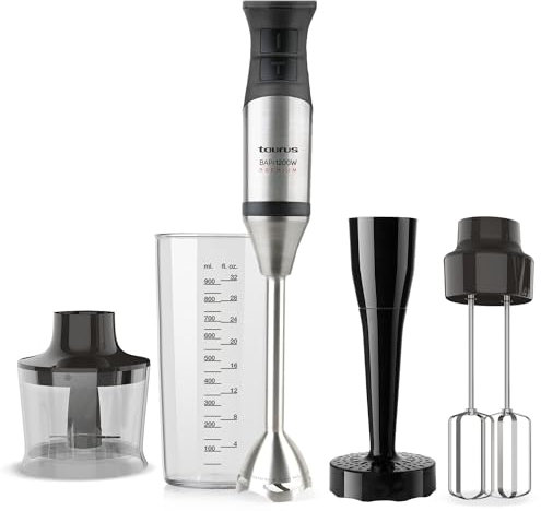 Taurus BAPI 1200 Premium Full Set - Batidora de mano 1200W | Regulador de 20 velocidades ajustable | Función Turbo | Cuchillas de acero inox | incluye accesorios| Diseño ergonómico | Vaso medidor