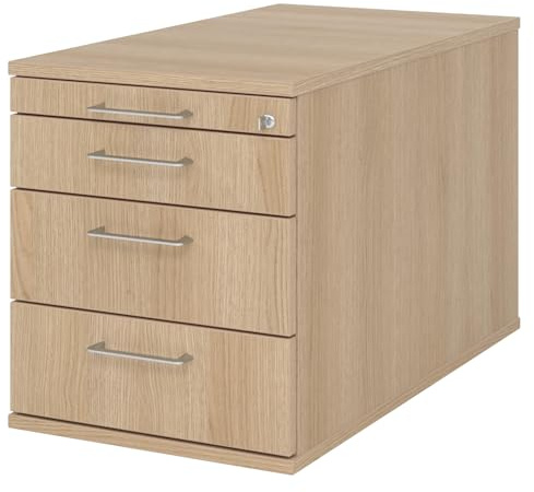 bümö Rollcontainer mit Schubladen, Container abschließbar aus Holz in Eiche - Rollwagen für's Büro als Schreibtisch Unterschrank, Bürocontainer od. Schreibtischcontainer mit Bügelgriffe
