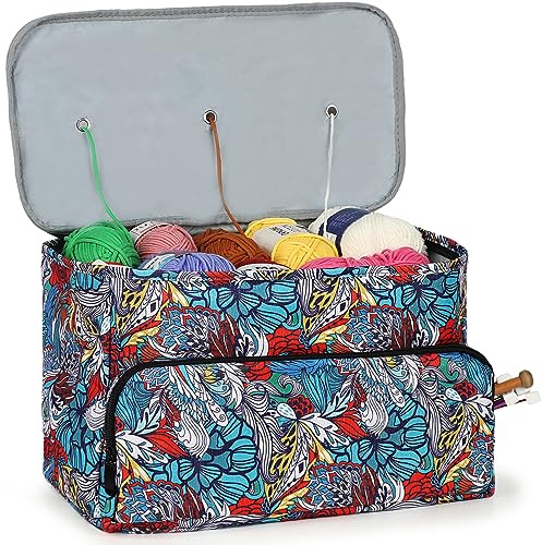 Aeelike Stricktasche mit Garnloch, Quadratische Tragbar Häkeltasche für Unterwegs, Dauerhaft Oxford-Stoff Handarbeitstasche für Stricken Garn, Zubehör, Stricknadeln Aufbewahrung, Blaues Totem