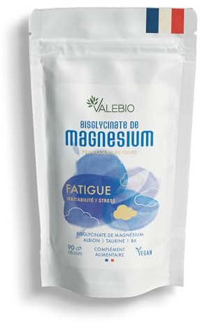 Bisglycinate de Magnésium tamponné chélaté Buffered Albion® + Taurine + Vitamine B6 | fatigue, stress, système nerveux, fonction musculaire | 90 Gélules I Végan I Fabrication française | Valebio