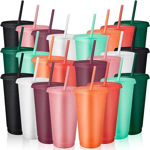 MSYU 24 Pcs Reusable Plastic Tumbler 710 ml Plastic Cups with Lid and Straw Party Favors Water Bottle Coffee Mug for Party Supplies Birthday Themed Favor Classroom Exchange Gifts - Glitter