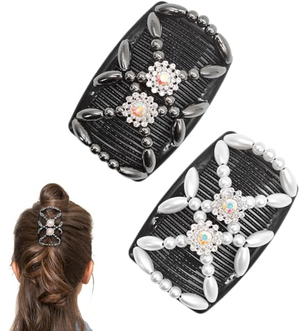 Quacc 2pcs Magic Bead Hair Combs Stretch Beaded Hair Combs Double Sided Clips Hair Comb for Women Girls DIY Hairstyling Hair Accessories (Black and White)