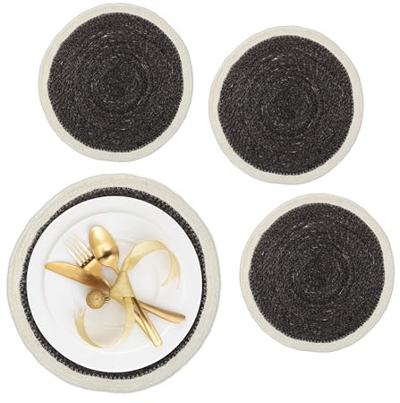 Relaxdays Tischset, 4-teilig, geflochten, Seegras, Ø 37 cm, rundes Platzset für Esstisch, Platzdeckchen, schwarz/Creme