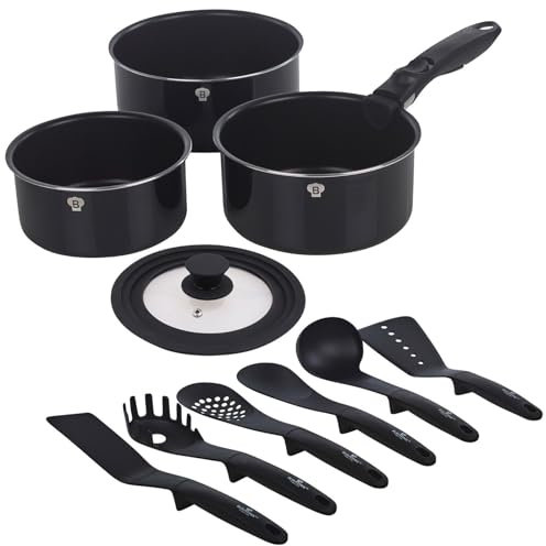 Blaumann Aluminium Induction Space Saving Cookware Pots Frying Pan Set Detachable Handle with Kitchen Accessories 6 Tools (Aquamarine, 5 Pc w/ 6 Tools)