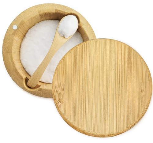 ThougrLyh Salt Box with Lid and Spoon Bamboo Container Kitchen Spice Cellars with Swivel Lid Built in Spoon Salt Holder for Storage Sea Salt 12oz Capacity Large Keeper