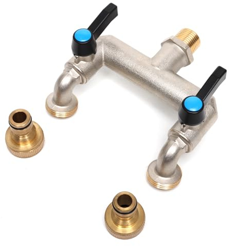 OPERMAXER 3/4 Zoll Doppel Auslaufhahn，Verlängerter Griff(Metall),Messing 2-Wege Wasserverteiler mit 3/4 Zoll BSP Gartenschlauch Wasserhahn-Anschluss，Doppel-Wasserhahn für Garten,Regentonne