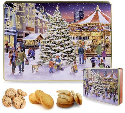Grandma® | Natale in Piazza Latta Biscotti Assortiti Cioccolato Zenzero Panna | Biscotti Scatola Regalo - 600 Gr | Scatole Pasticceria Disegni Rilievo