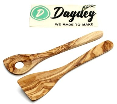 DAGDEG 2er Set Pfannenwender aus Olivenholz, Kochlöffel, Risottolöffel, Spatula Holz, Bratenwender Holz, Kochbesteck Holz ca.30 cm