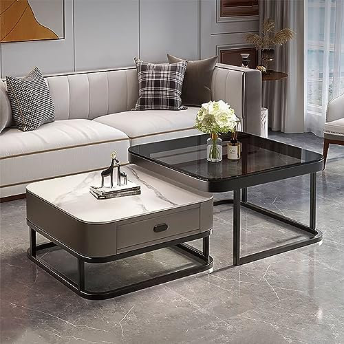 Quadratischer Couchtisch Set Gold mit 2 Glastischen mit Metallrahmen Couchtische Wohnzimmertisch Modernes Design für Zuhause Einfache Montage für Wohnzimmer Büro Schlafzimmer (