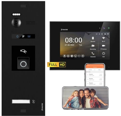 Balter EVO HD Schwarz/Schwarz Video Türsprechanlage mit Fingerprint Set für 1 Familienhaus (1x Türstation mit Full HD-Kamera, 1x 7 Zoll WiFi Monitor, 2-Draht Bus, RFID, 175° Weitwinkel, APP)