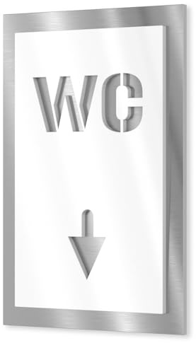 Urhome Toiletten Schild aus V2A Edelstahl 160x110-250x175mm Weiß WC Pfeil unten - Piktogramm Türschild rostfrei - Herren Damen Toilette Infoschild für Wand Tür Innen und Außen