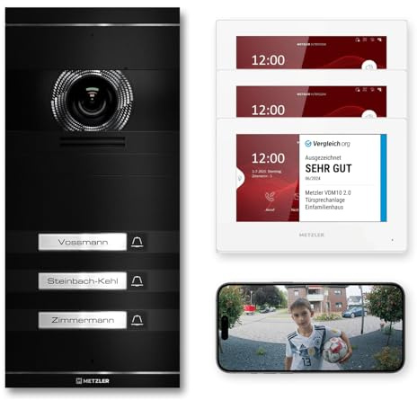 Metzler VDM10 2.0 Video Sprechanlage Komplett Set mit austauschbarem Namensschild - Anschluss LAN/POE - Türsprechanlage mit HD-Kamera und Bildschirm für 3 Familienhaus, in Schwarz aus V2A Edelstahl