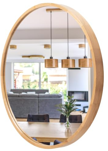 Runder Bad Spiegel - Wandspiegel mit Holz (∅70 cm) - Holz Eiche - LEJA | Massivholz, Einfache Montage, EU-Produktion, 4 mm Spiegelglas, Sicherer Metallhaken, Pflegeleicht