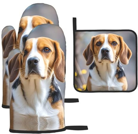 Lot de 3 gants de cuisine et maniques résistants à la chaleur - Motif beagle - Maniques de cuisine en silicone antidérapant - Pour la cuisson au barbecue